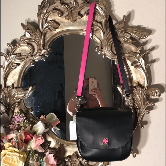 Kate Spade Blk Lthr Saddle Bag w/Hot Pink & Gold - Picture 2 of 8